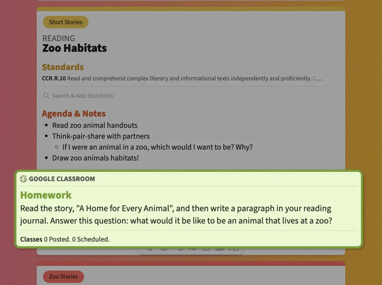 A Google Classroom homework card at the bottom of a lesson in Tom's planbook.