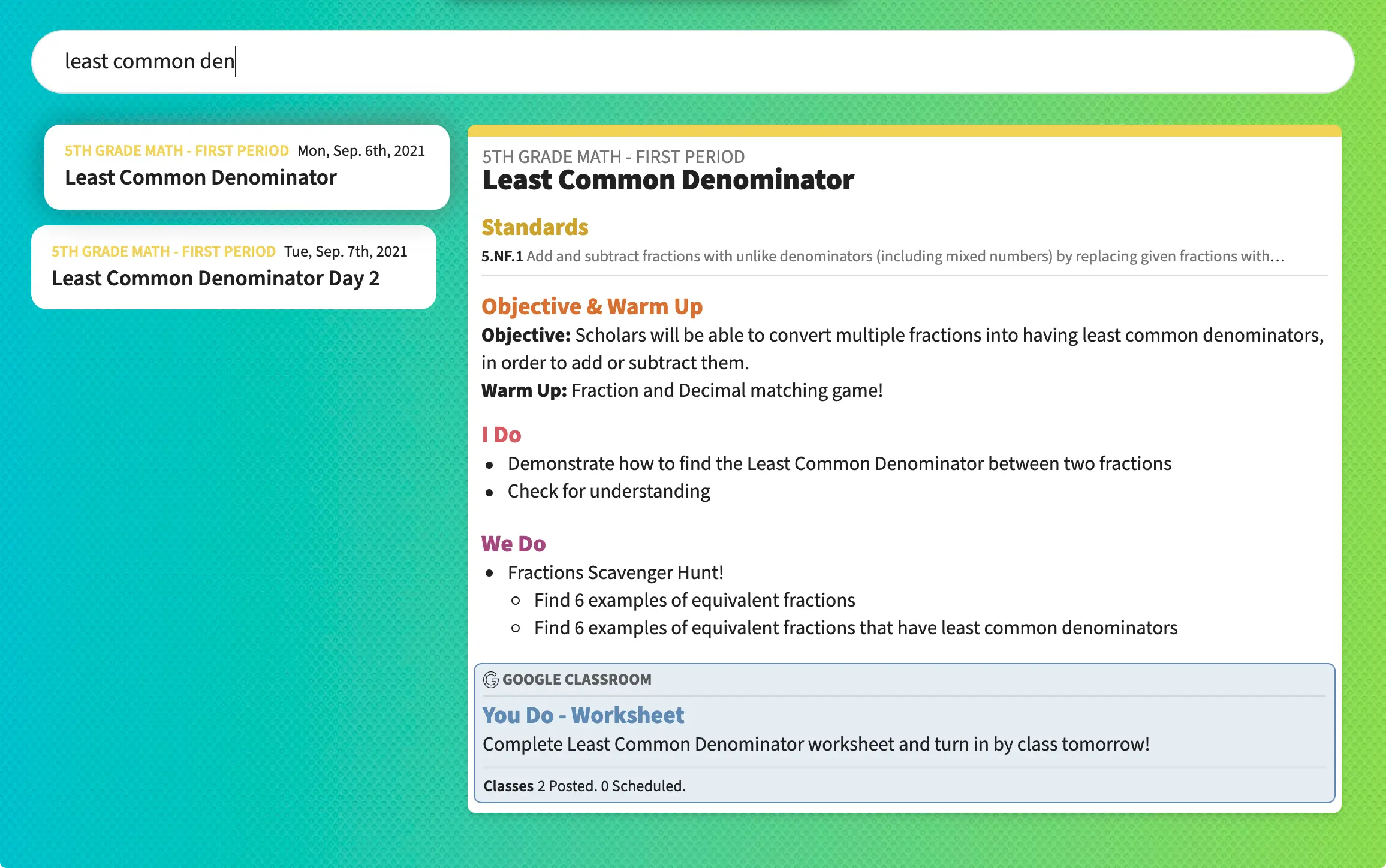 George types "least common dem" into the search bar to search his planbook for lessons with those terms